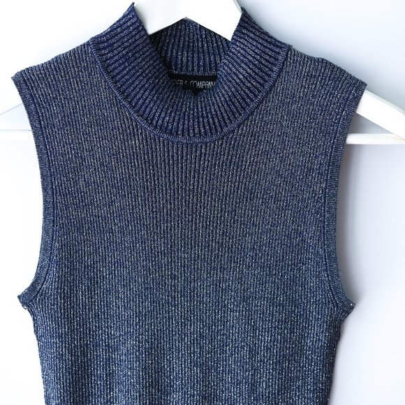 KASPER & COMPANY Blue Ribbed Mock Neck Top & Cardigan - Size P Medium - Picture 4 of 11